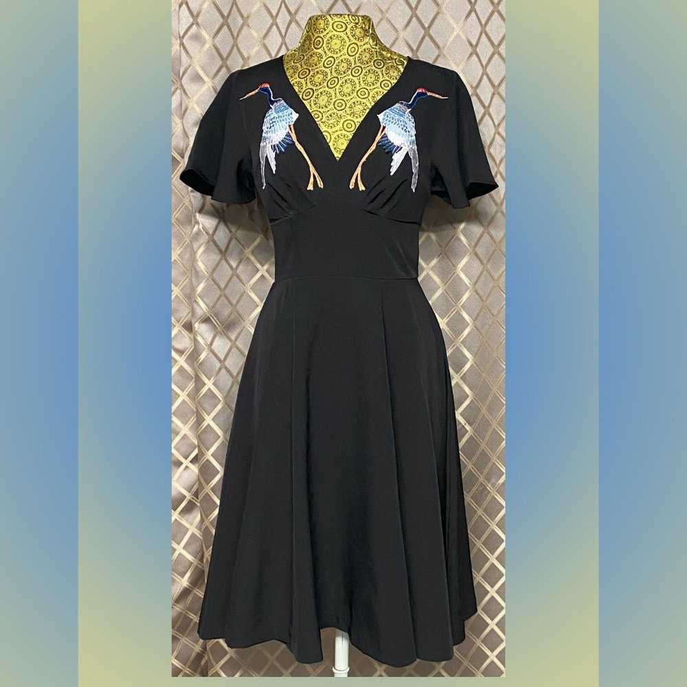 Simply Lovely "Unique Vintage" Embroidered Crane Swing Dress